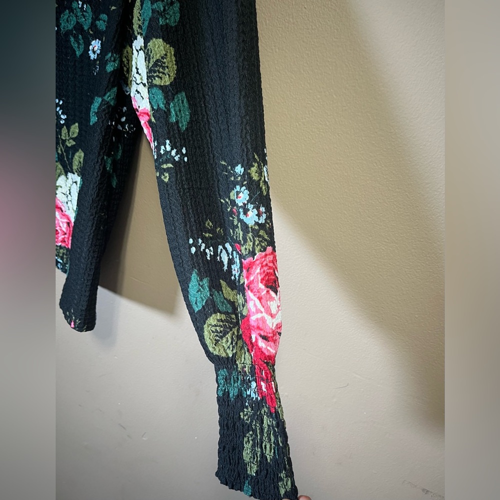 LOFT Black Floral XS Square Neck Blouse Knit Peasant Top Smocked Puff Sleeves - Picture 8 of 17
